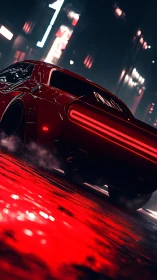 Rear street view of red sports car in neon urban environment.