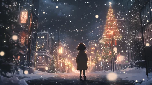 Child observing illuminated city street and winter tree.