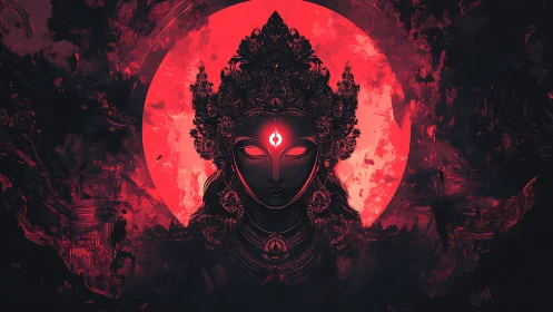 Moonlit goddess of fire and mystery in crimson shadows.