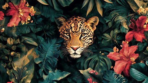 Jaguar face emerges from dense tropical foliage and flowers
