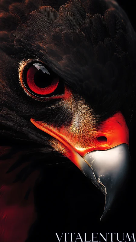 Predatory raptor close-up with glowing crimson eye detail.