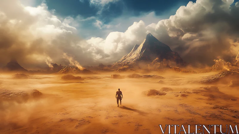 Solitary wanderer crossing a storm-swept alien desert.