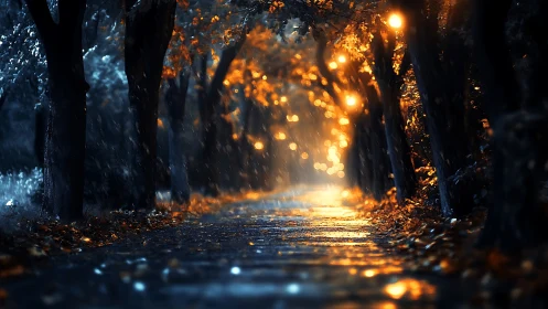 Cinematic rainy alley with bokeh streetlights and cool-warm contrast.