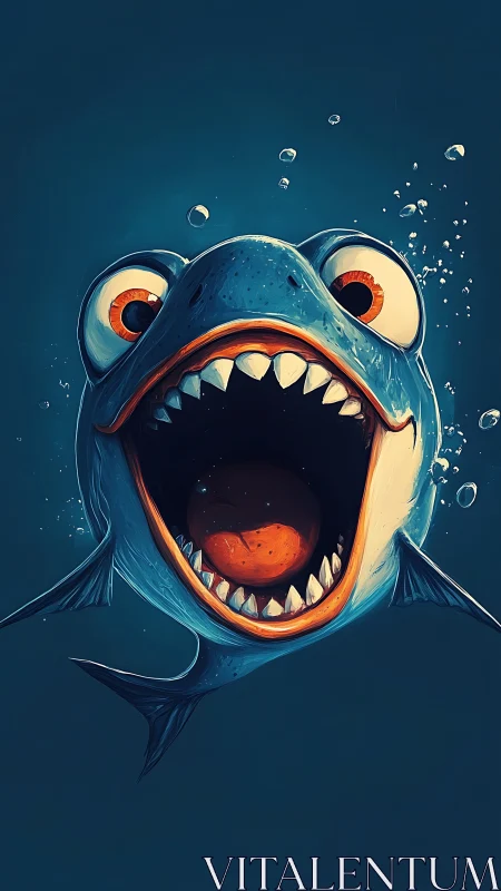 Wide eyed cartoon shark lunges upward with gleeful menace