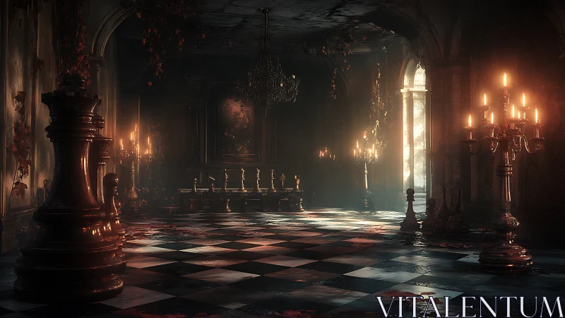 Giant chess pieces haunting a candlelit gothic hall.
