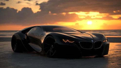 Sunset predator glides along the shore in liquid-black chrome