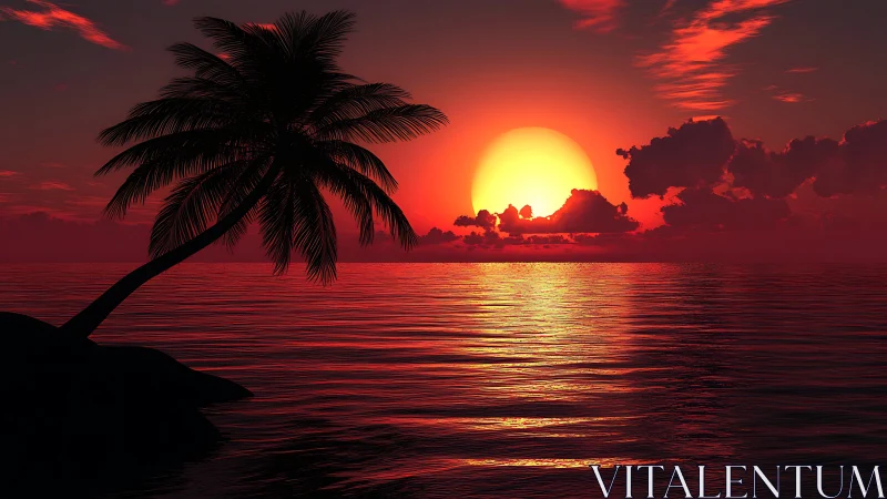 Digital painting of tropical palm silhouette at crimson sunset.