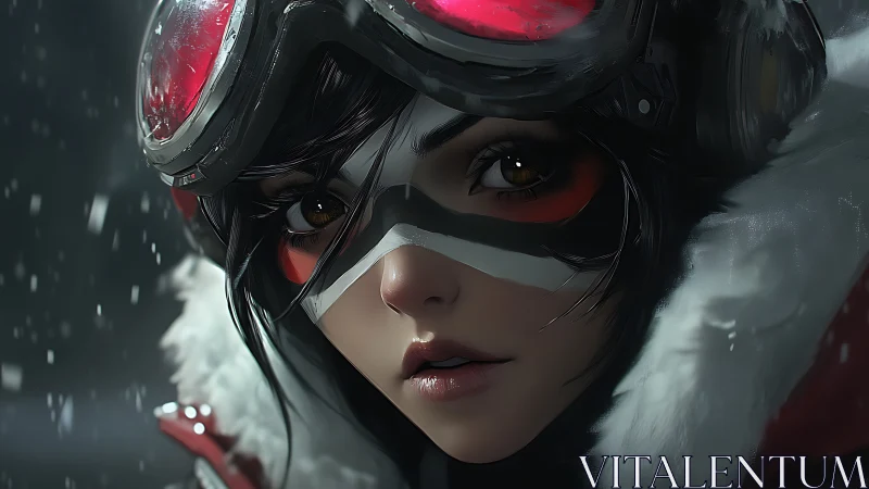 Snow pilot portrait with red goggles and face markings.