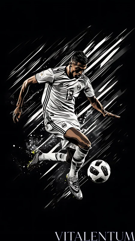 Digital illustration of soccer player striking ball in motion.