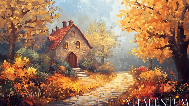 Stone cottage nestles amid glowing autumn forest path.