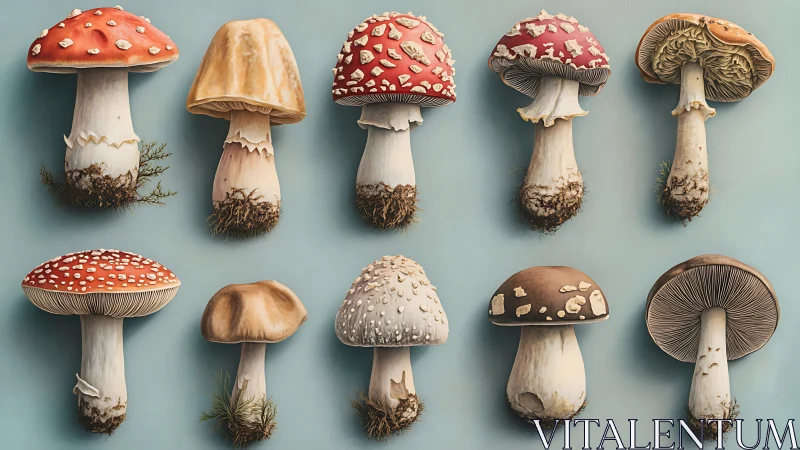 Comparative fungal morphology grid with detailed cap textures.