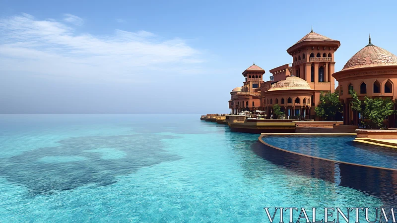 Seaside luxury resort with domed towers over turquoise infinity.