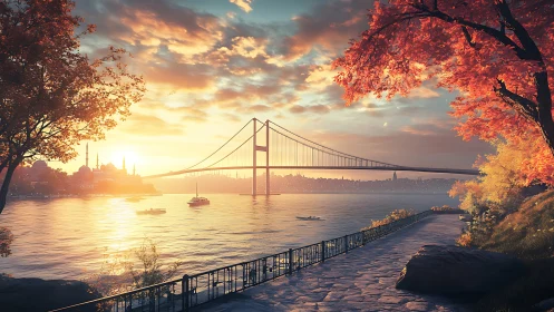 Golden autumn sunset gently embraces a peaceful city bay