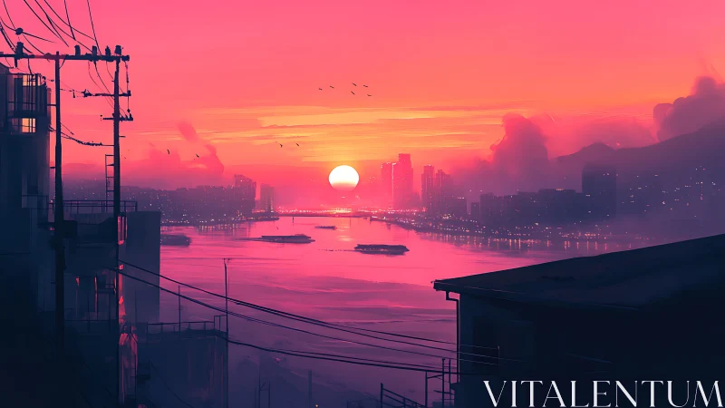 Electric sunset over neon river city skyline panorama.