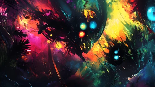 Neon cosmic spirits drift through explosive abstract color