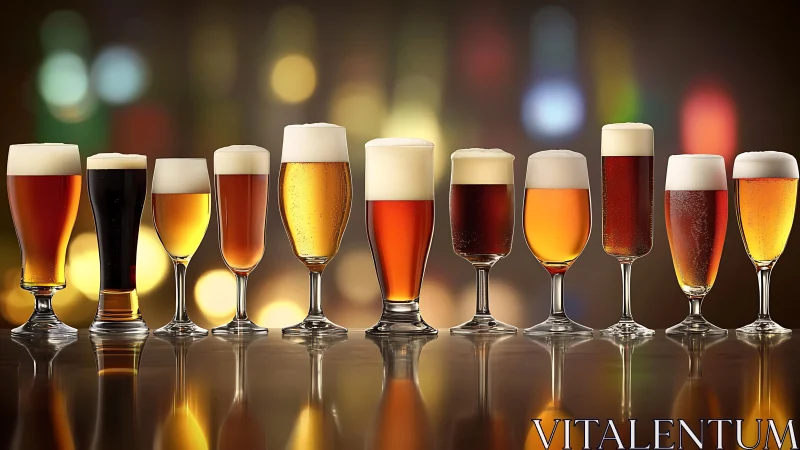Row of assorted beer glasses on reflective bar surface.
