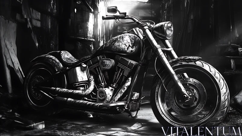 Custom V-twin motorcycle stands in narrow, dim urban alley