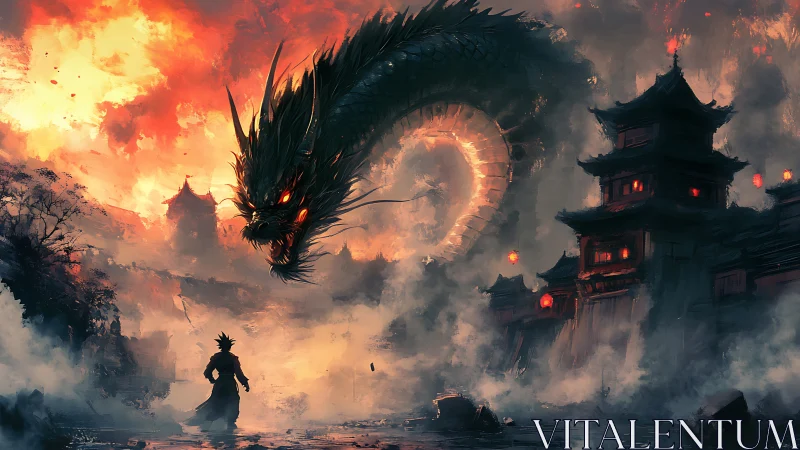 Warrior confronts colossal fire dragon above burning citadel