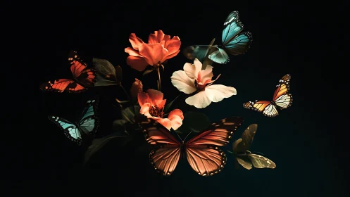 Iridescent butterflies orbit saturated blooms on deep black field