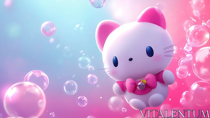 Bubble-suspended chibi cat figurine in luminous gradient field.
