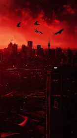 Urban skyline under red sky with silhouetted flying birds.