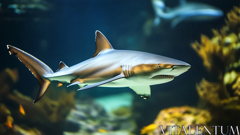 Hydrodynamic reef shark cruising through filtered aquarium light.