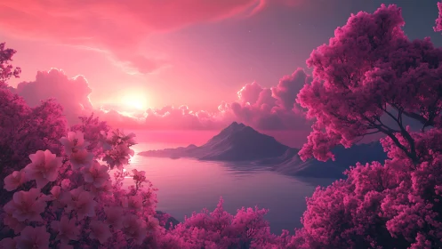 Cotton-candy trees cradle a neon sunset over glassy waters