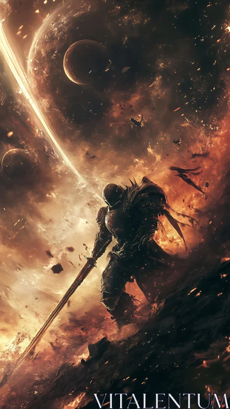 Celestial warlord strides through apocalyptic inferno landscape.