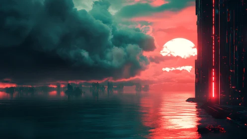 Cybernetic shoreline under neon eclipse and monolithic tower.