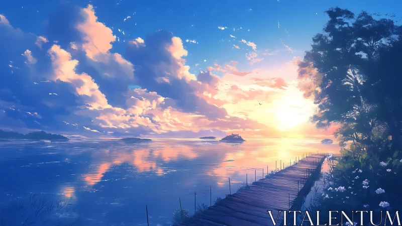 Lakeside wooden pier at radiant painterly sunset glow.