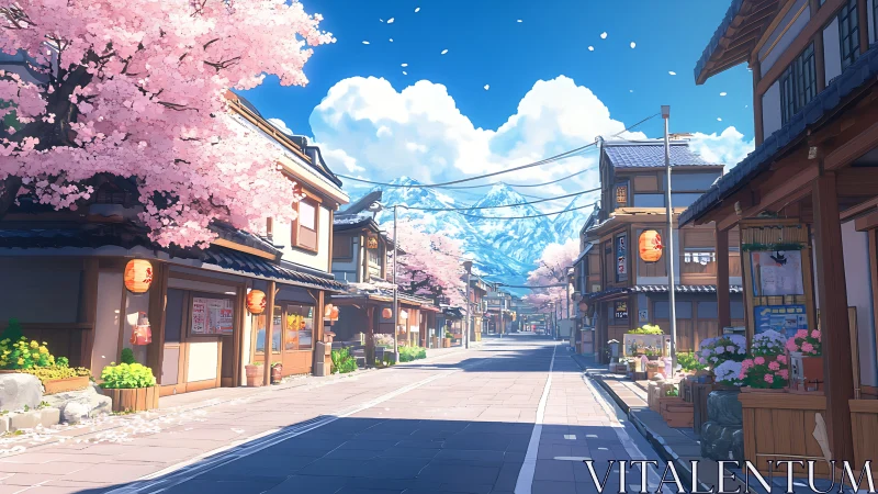 Cherry blossom street frames distant snow mountain peak