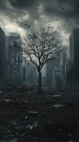 Solitary dead tree dominates ruined city under storm sky