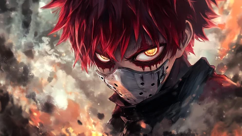 Masked anime antihero with burning eyes in smoky chaos.
