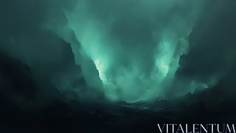 Emerald abyss canyon under swirling storm clouds.