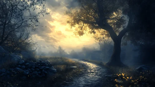 Stone path through wooded landscape at low sun angle.