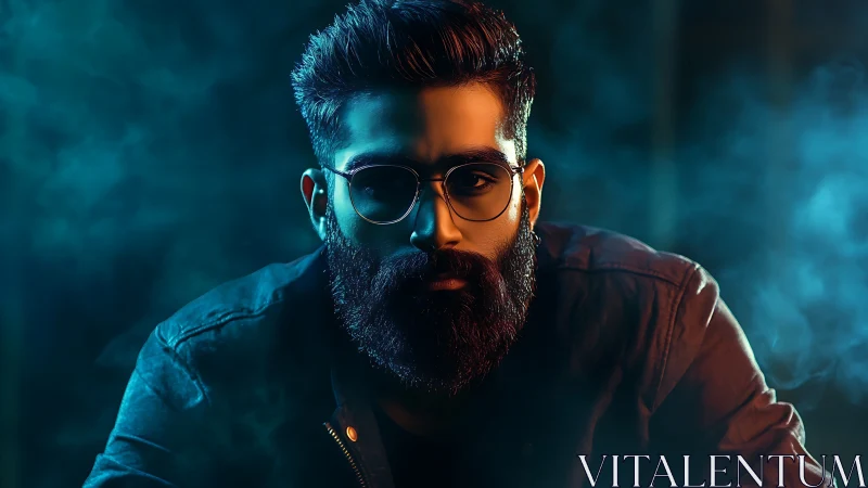 Moody bearded man in teal and amber cinematic rim light.