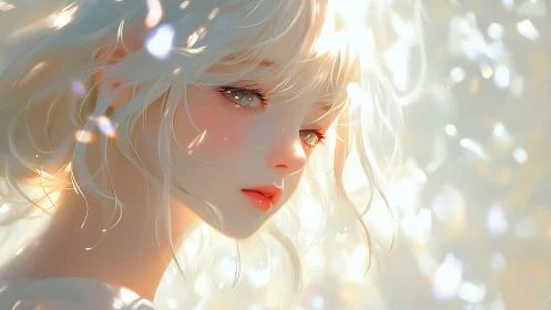 Luminous anime girl gazes into soft bokeh light glow