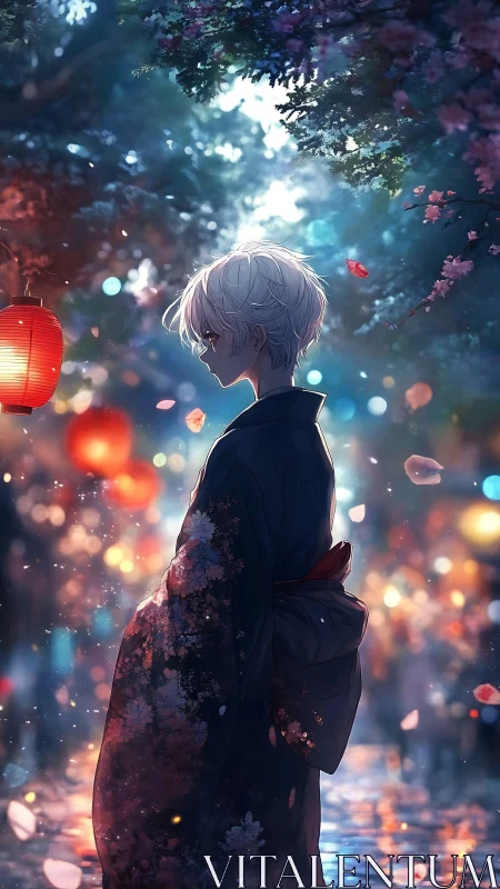 Side profile of kimono wearer under lanterns at night.