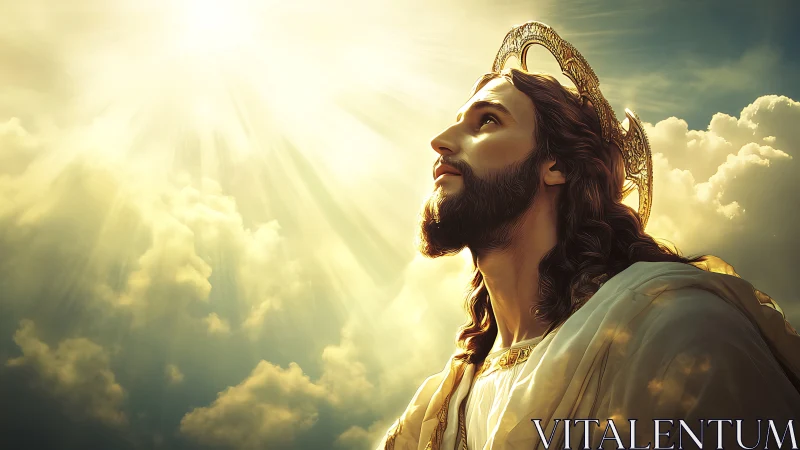 Radiant Christ figure gazes toward blazing heavenly light