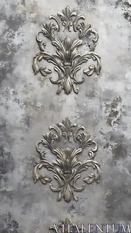 Ornate silver flourishes over weathered stone wall pattern.