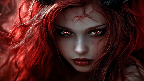 Demonic woman with glowing red eyes stares into darkness.