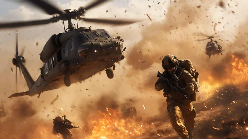 Rotorstorm descent over blazing battlefield inferno.