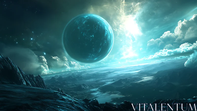 Luminescent exoplanet above glacial alien seascape in panorama