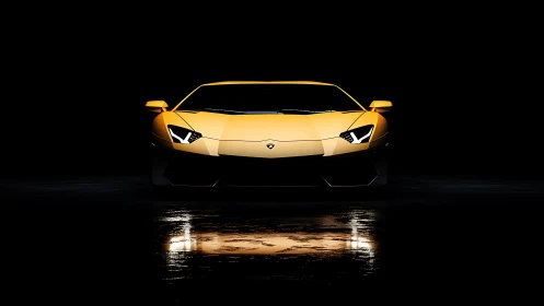 Low-key studio render of yellow supercar front profile.