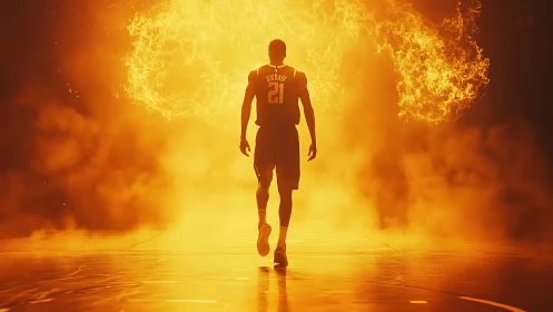 Blazing tunnel of fire crowns lone basketball warrior.