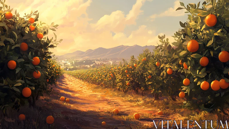 Orange orchard rows under warm sky with distant mountains.