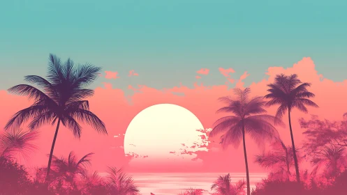 Neon gradient tropical sunset with silhouetted palm treeline
