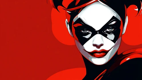 Bold red stylized jester portrait with masked face.