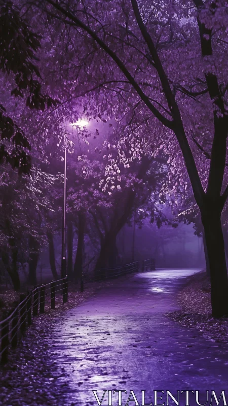 Moonlit violet park path glows through misty evening rain.