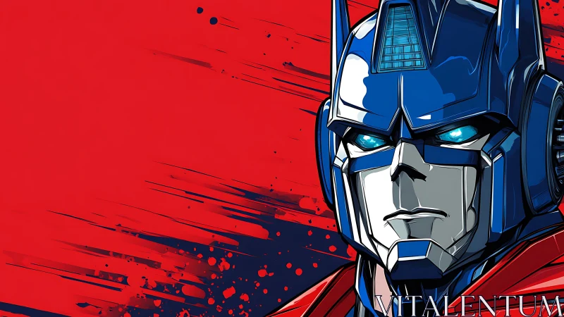 Blue robot hero portrait on bold red graphic field.